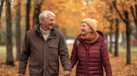 senior couple walking in autumn park, looking at each other and smilingの写真素材