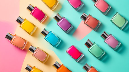Colorful nail polish bottles on colorful background. Top view with copy spaceの写真素材