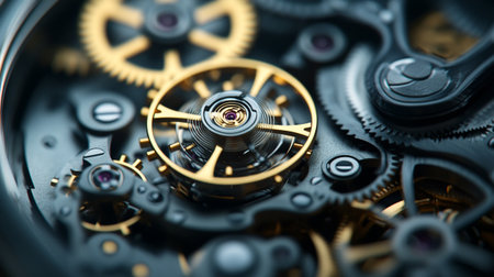 Macro photo of the gear mechanism of a clock. Close up