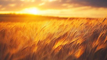 Sunset or sunrise in a wheat field with ears of golden rye.の写真素材