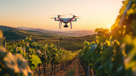 Drone with digital camera flying over vineyards at sunset. Aerial view.