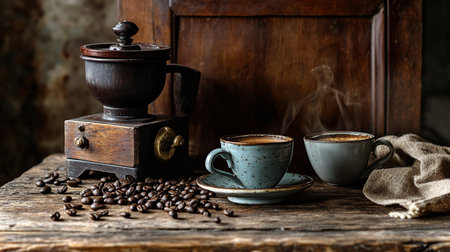 Coffee in a cup and saucer on a wooden table