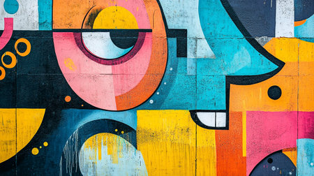 Fragment of colored graffiti painted on a concrete wall. Street art concept. Abstract background for...