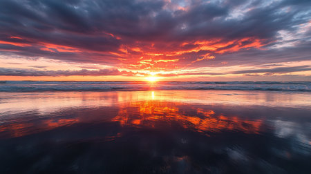 Beautiful sunset over the sea. Dramatic sky, red and orange colors.