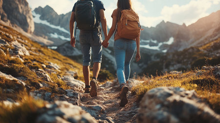 Couple hiking in the mountains. Man and woman with backpacks on the trail.