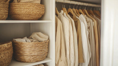Closet with different clothes in wardrobe, closeup. Interior design
