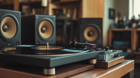 Vintage turntable with vinyl record on the table in music studio
