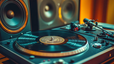 Turntable vinyl record player close-up. Retro audio equipment.の写真素材