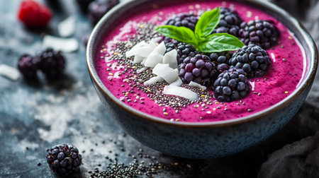Healthy blackberry smoothie with chia seeds and coconut flakes