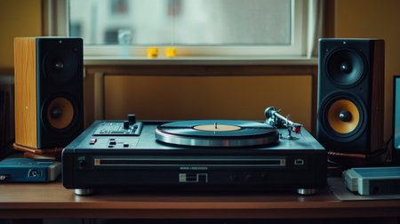 Vintage turntable player with vinyl record on the table at home
