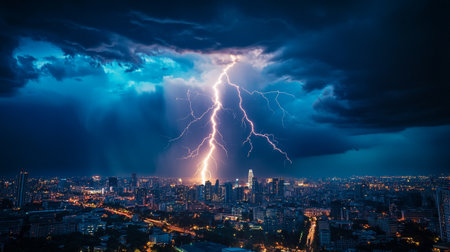 Thunderstorm over the city at night, lightning strikes over the city