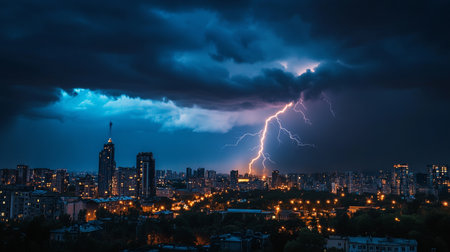 Thunderstorm over the city at night, lightning strikes in the city