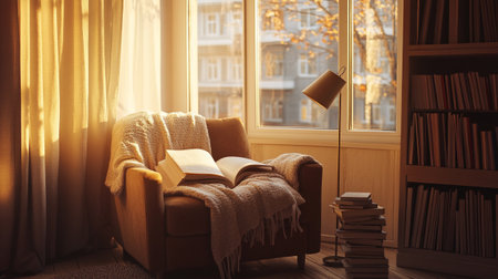 Comfortable armchair with book near window at home. Cozy atmosphereの写真素材