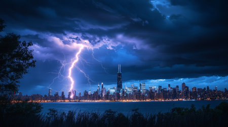 Lightning strikes the city of Chicago, Illinois, United States.