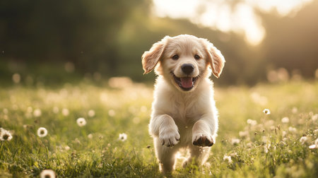 Cute Golden Retriever puppy running in the field with dandelions