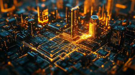 3d illustration of futuristic city with glowing lights. Technology concept.