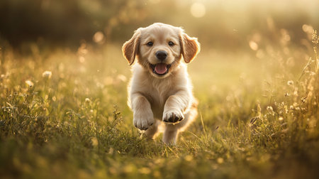 Cute golden retriever puppy running in the field. Sunny summer day.