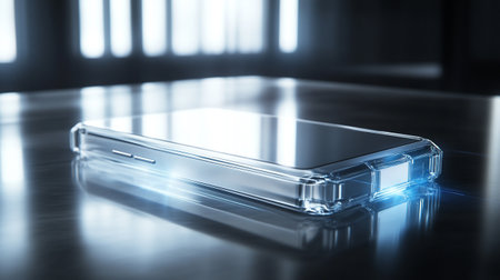 smartphone with blue light on the table. 3d rendering.の写真素材