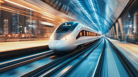 High speed train in motion blur in the city. 3d rendering