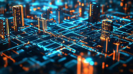 3d illustration of futuristic city with circuit board. Technology concept background