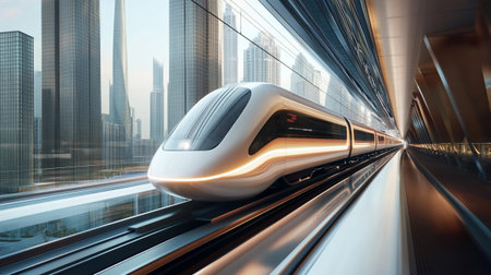 high speed train with motion blur in modern city. 3d rendering