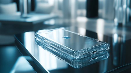 Smartphone on a glass table in a modern office. 3d renderingの写真素材