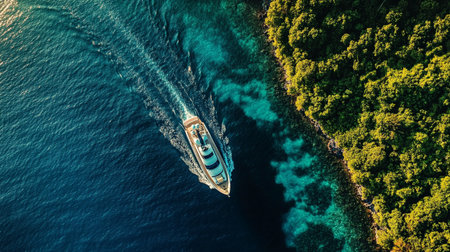 Aerial view of yacht in the turquoise sea. Top view
