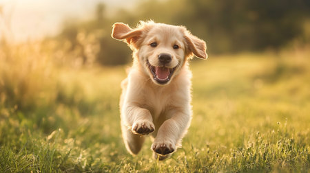 Golden Retriever puppy running in the field on a sunny summer day