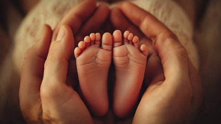 Newborn baby feet in the hands of parents, close-upの写真素材
