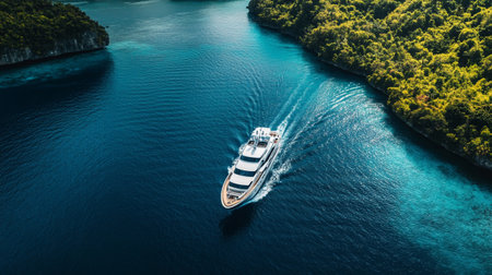 Aerial view of luxury yacht in the blue sea. Top view