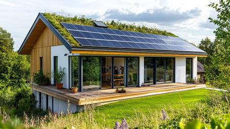 House with solar panels installed on the roof. The concept of renewable energy.