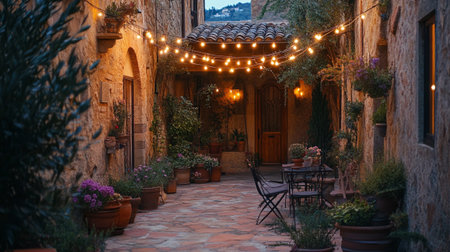 Old street in the medieval town of Monteriggioni, Italyの写真素材