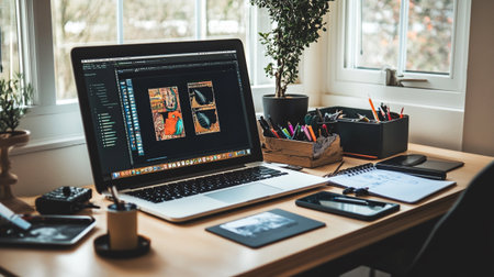 Side view of graphic designer working on laptop while sitting at desk in officeの写真素材