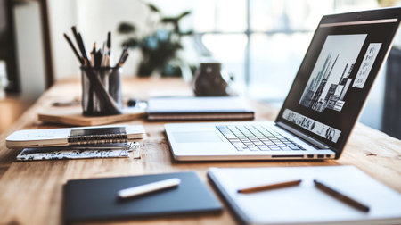 Laptop with graphic designer equipment on wooden desk in office room.