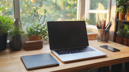 Laptop with blank screen on wooden desk at home office. Work from home concept.