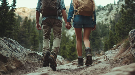 Couple of hikers walking on mountain trail. Man and woman hiking together