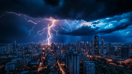 Lightning strike in the city, thunderstorm in Bangkok, Thailand
