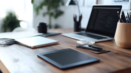 Close up of modern workplace with laptop, tablet, smartphone and other items.の写真素材