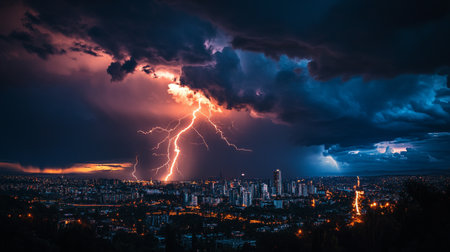 Thunderstorm over the city at night, lightning strikes the city.