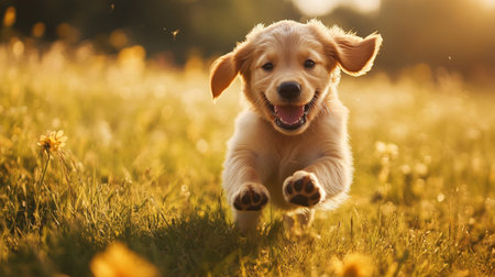 Cute golden retriever puppy running on green grass at sunset.