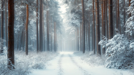 Winter forest with snow covered trees and path in the fog. Winter landscape