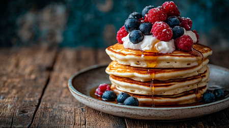 Pancakes with fresh berries and whipped cream on rustic wooden background