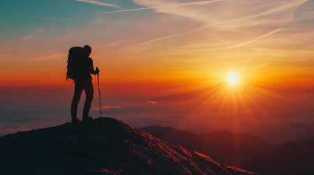 Silhouette of a hiker on top of a mountain at sunset