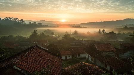 Foggy sunrise over the village in Bali, Indonesia.