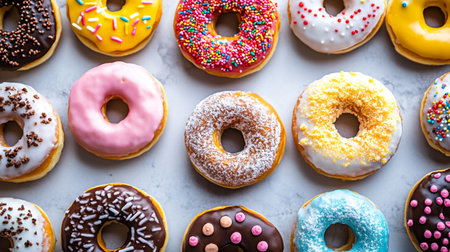 Variety of colorful donuts on grey background. Top view.