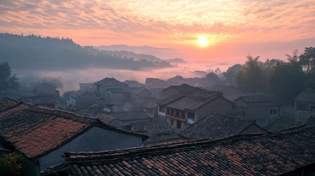 Sunrise over the village in Chinaの写真素材