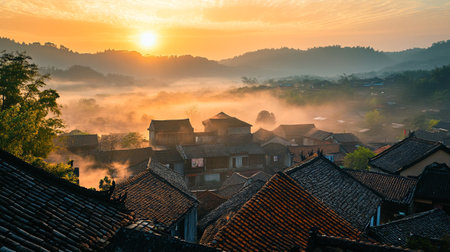 Sunrise over the misty village in Suzhou, China.の写真素材