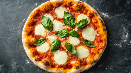 Pizza Margherita with mozzarella cheese and basil on dark backgroundの写真素材