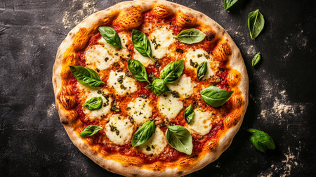 Pizza with mozzarella cheese and basil on a black background, top viewの写真素材