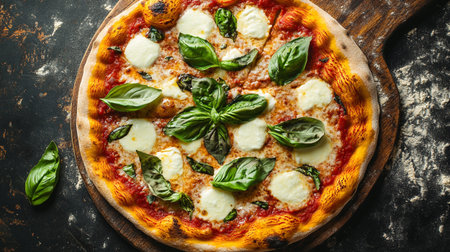 Pizza Margherita with mozzarella cheese, tomato and basil on rustic backgroundの写真素材